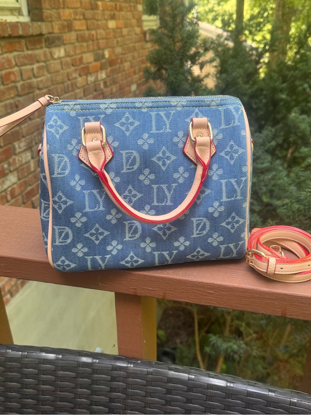 Denim Monogram Satchel with Tan Trim and Red Edge